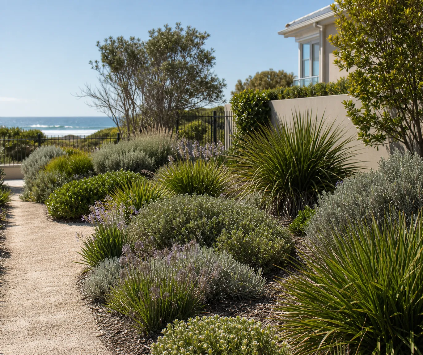 A coastal Perth garden with salt-tolerant native plantings and hardy ground cover.