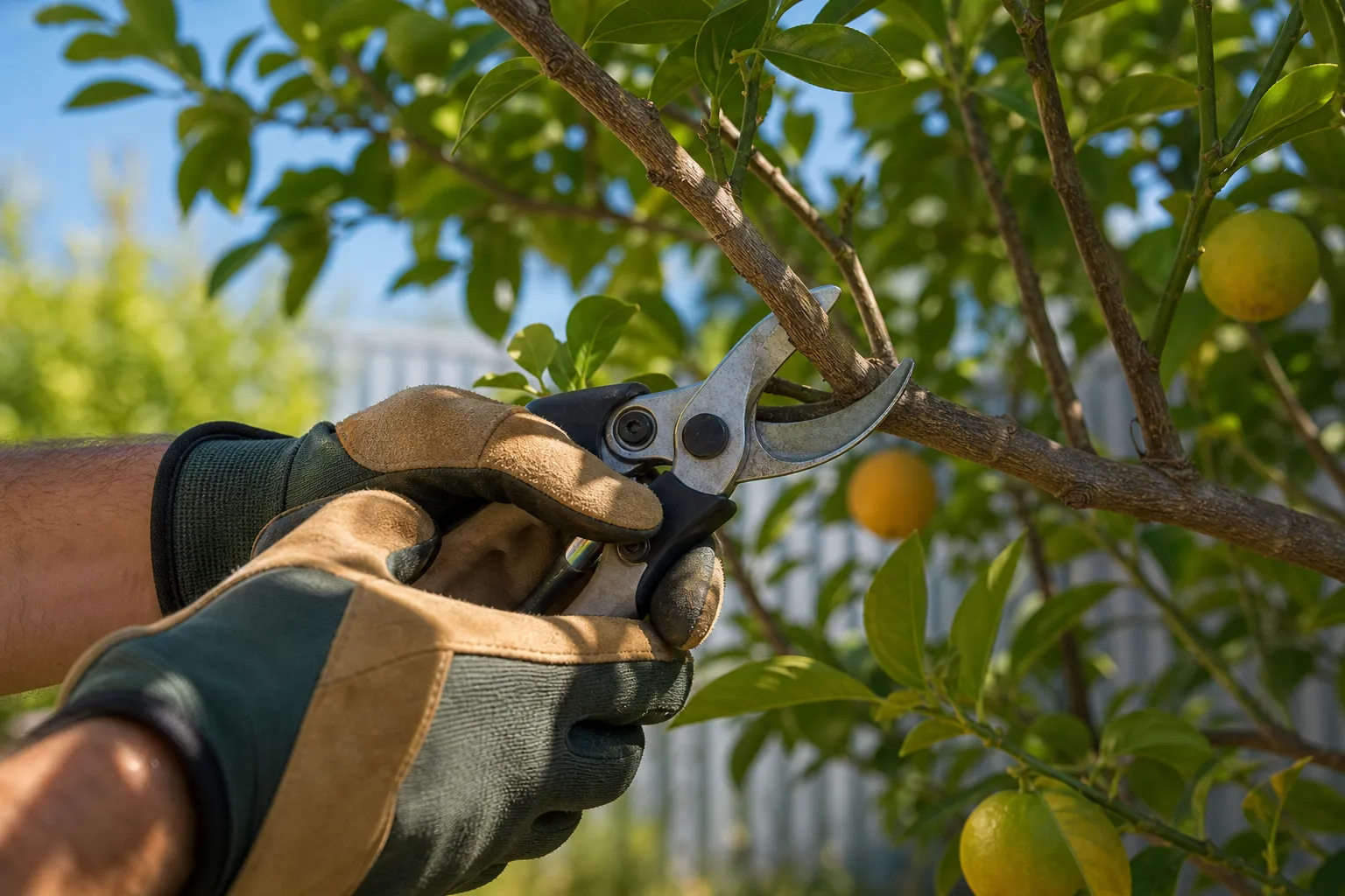 Close-up of a fruit tree branch being pruned with secateurs.