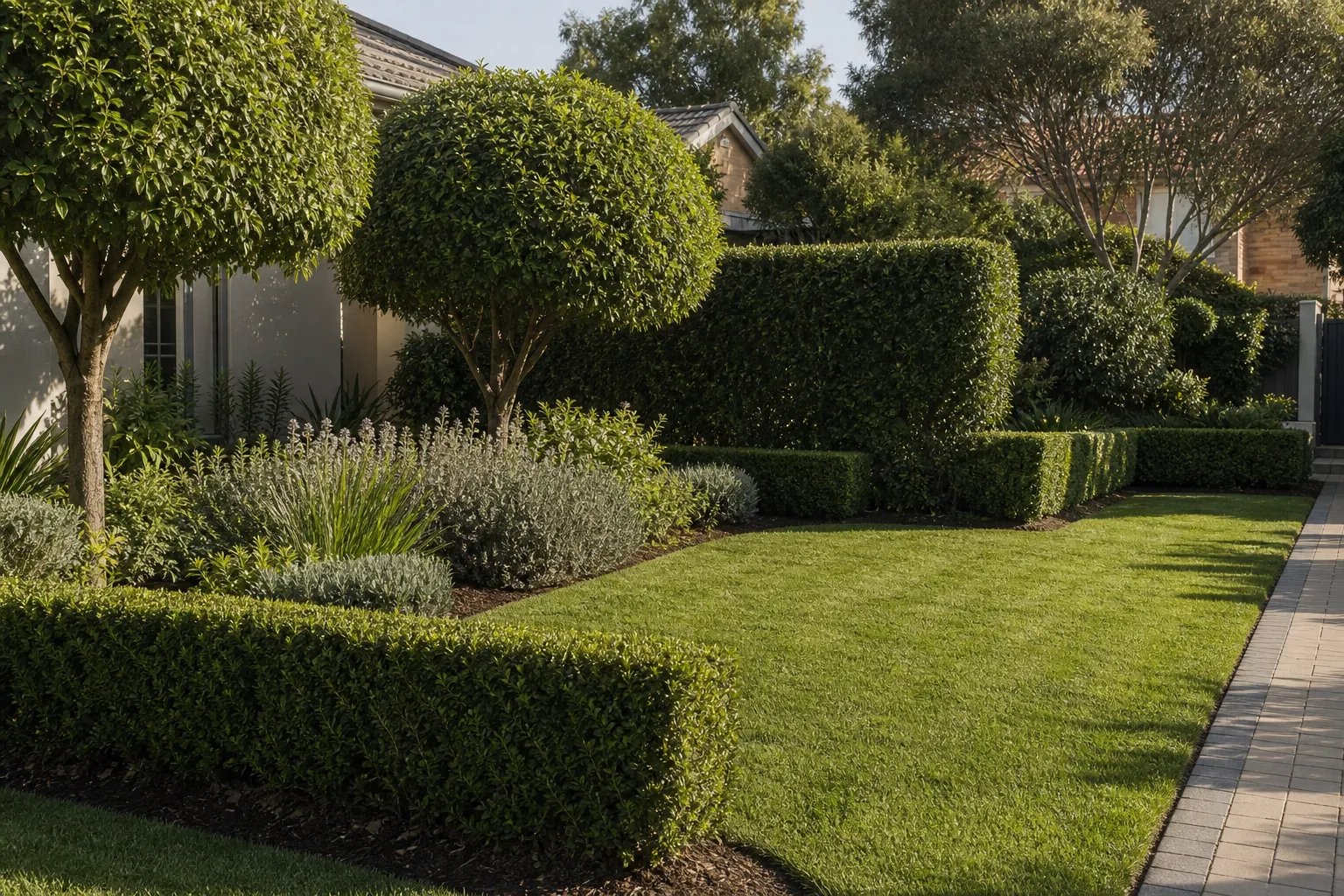 A well-maintained residential garden with mown lawn, clipped hedges and tidy garden beds.