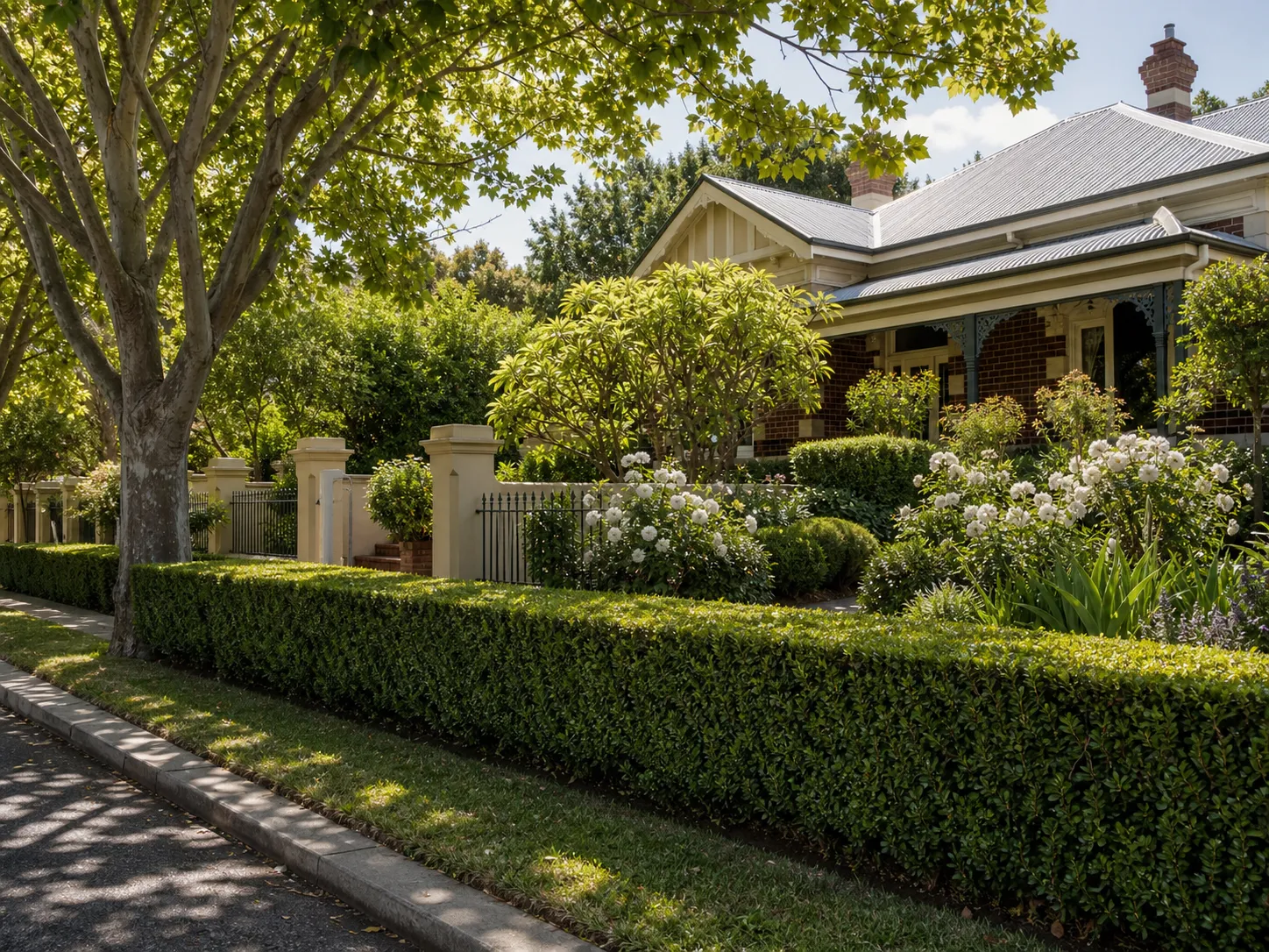 A heritage home in Perth's inner north with established plantings and a clipped hedge along the verge.