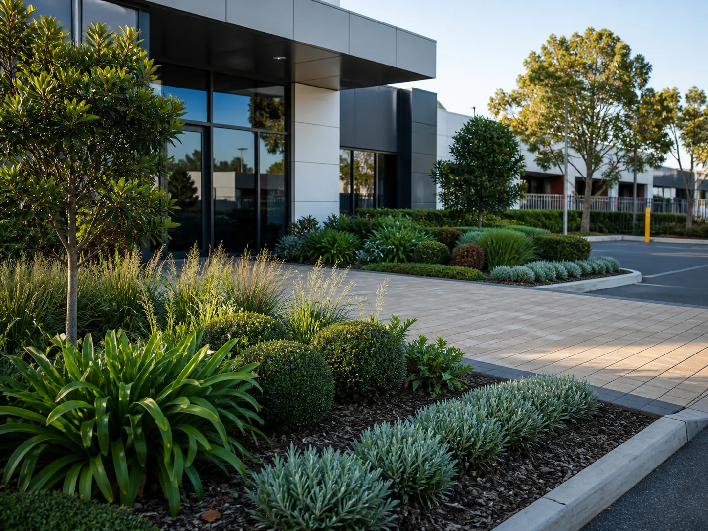 A commercial property forecourt in Perth's south-east corridor with maintained plantings and clean paving.