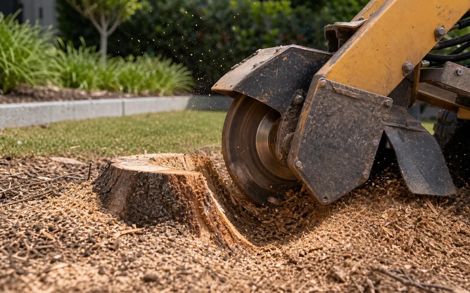 Close-up of a stump grinder cutting a tree stump below ground level.